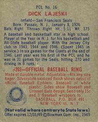 1949 Bowman PCL #16 Dick Lajeski Back