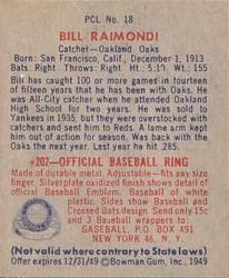 1949 Bowman PCL #18 Billy Raimondi Back