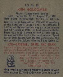 1949 Bowman PCL #19 Ken Holcombe Back