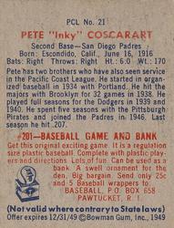 1949 Bowman PCL #21 Pete Coscarart Back