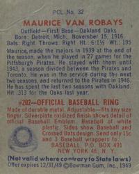 1949 Bowman PCL #32 Maurice Van Robays Back