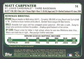 2011 Bowman Draft Picks & Prospects #14 Matt Carpenter Back