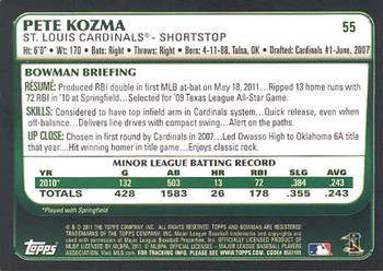 2011 Bowman Draft Picks & Prospects #55 Pete Kozma Back