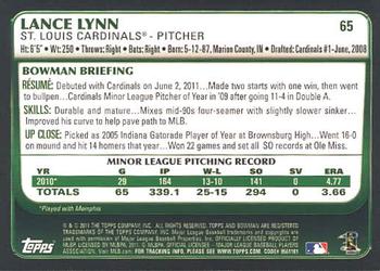 2011 Bowman Draft Picks & Prospects #65 Lance Lynn Back