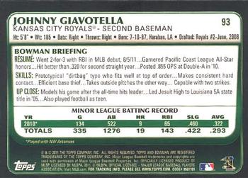 2011 Bowman Draft Picks & Prospects #93 Johnny Giavotella Back
