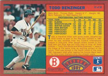 1987 Sportflics Rookies II #47 Todd Benzinger Back