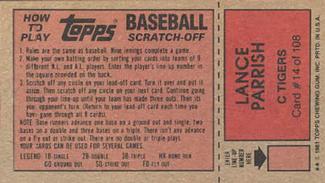 1981 Topps Scratch-Offs #14 Lance Parrish Back