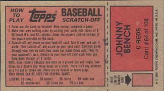 1981 Topps Scratch-Offs #64 Johnny Bench Back