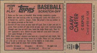 1981 Topps Scratch-Offs #66 Gary Carter Back