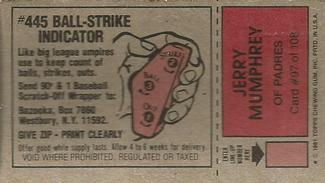1981 Topps Scratch-Offs #97 Jerry Mumphrey Back