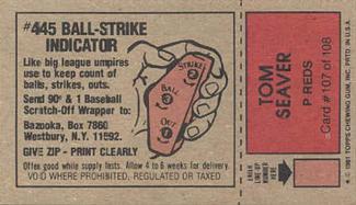 1981 Topps Scratch-Offs #107 Tom Seaver Back