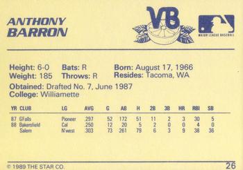 1989 Star #26 Anthony Barron Back