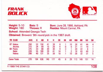 1989 Star #108 Frank Bolick Back