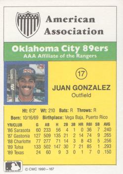 1990 CMC #167 Juan Gonzalez Back