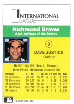 1990 CMC #285 Dave Justice Back