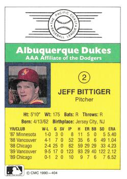1990 CMC #404 Jeff Bittiger Back