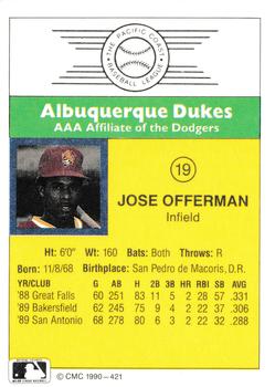 1990 CMC #421 Jose Offerman Back
