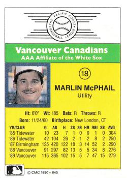 1990 CMC #645 Marlin McPhail Back