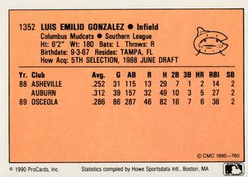 1990 CMC #760 Luis Gonzalez Back