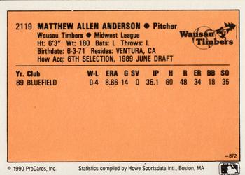 1990 CMC #872 Matt Anderson Back