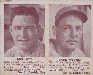 1941 Double Play (R330) #31-32 Mel Ott / Babe Young Front