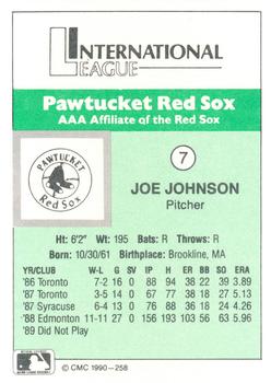 1990 CMC Pawtucket Red Sox #7 Joe Johnson Back