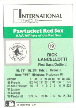 1990 CMC Pawtucket Red Sox #19 Rick Lancellotti Back