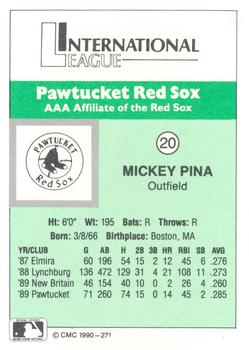 1990 CMC Pawtucket Red Sox #20 Mickey Pina Back