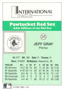 1990 CMC Pawtucket Red Sox #25 Jeff Gray Back