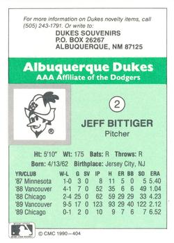 1990 CMC Albuquerque Dukes #2 Jeff Bittiger Back