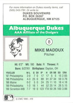 1990 CMC Albuquerque Dukes #8 Mike Maddux Back