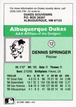 1990 CMC Albuquerque Dukes #12 Dennis Springer Back