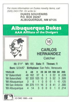 1990 CMC Albuquerque Dukes #16 Carlos Hernandez Back