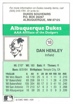 1990 CMC Albuquerque Dukes #18 Dan Henley Back