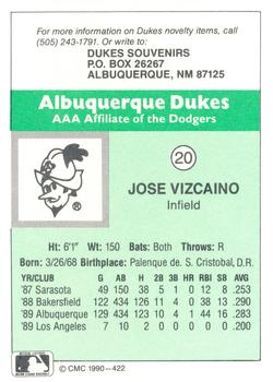 1990 CMC Albuquerque Dukes #20 Jose Vizcaino Back