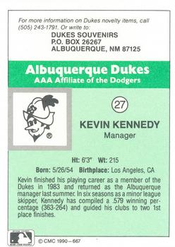 1990 CMC Albuquerque Dukes #27 Kevin Kennedy Back