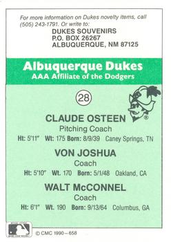 1990 CMC Albuquerque Dukes #28 Dukes Coaches (Claude Osteen / Von Joshua / Walt McConnell) Back