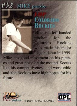 2001 Royal Rookies Throwbacks #32 Mike Porzio Back