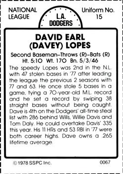 1978 SSPC 270 #67 Davey Lopes Back
