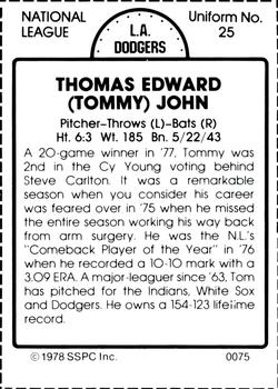 1978 SSPC 270 #75 Tommy John Back