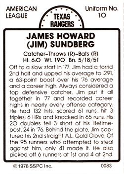 1978 SSPC 270 #83 Jim Sundberg Back