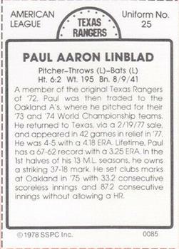 1978 SSPC 270 #85 Paul Lindblad Back