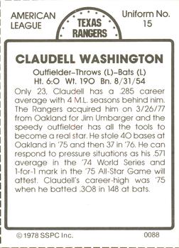 1978 SSPC 270 #88 Claudell Washington Back