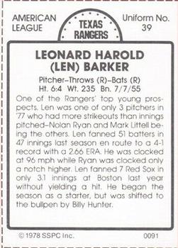 1978 SSPC 270 #91 Len Barker Back