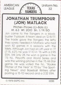 1978 SSPC 270 #99 Jon Matlack Back
