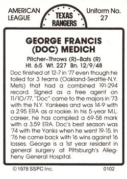 1978 SSPC 270 #102 George Medich Back