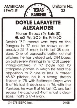 1978 SSPC 270 #105 Doyle Alexander Back