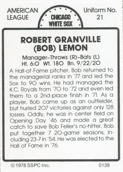 1978 SSPC 270 #139 Bob Lemon Back