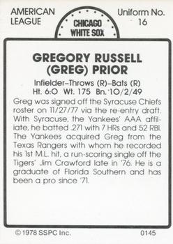 1978 SSPC 270 #145 Greg Pryor Back