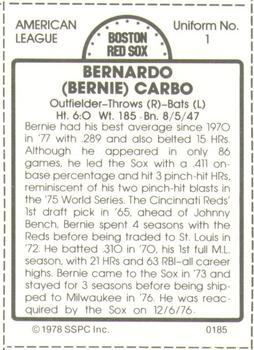 1978 SSPC 270 #185 Bernie Carbo Back